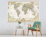 Planisfero-Mappa del mondo da parete antichizzata formatocm 185 x 125 plastificata con aste e ganci
